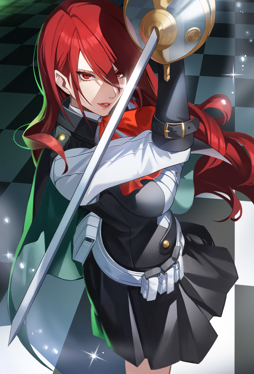 1girl absurdres alternate_breast_size breasts ddog hair_over_one_eye highres holding holding_sword holding_weapon kirijou_mitsuru large_breasts lips long_hair multiple_girls open_mouth parted_lips persona persona_3 persona_3_reload pleated_skirt rapier red_eyes red_hair skirt smile solo sword weapon