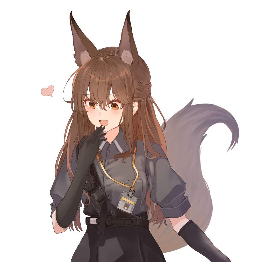 1girl absurdres animal_ear_fluff animal_ears arknights belt black_belt black_gloves black_skirt breasts brown_hair buttons collared_shirt commentary_request dress_shirt elbow_gloves fox_ears fox_girl fox_tail franka_(arknights) gloves grey_shirt hair_between_eyes hand_up heart highres id_card long_hair looking_to_the_side medium_breasts open_mouth orange_eyes pocket puffy_short_sleeves puffy_sleeves revision shirt short_sleeves sidelocks simple_background skirt smile solo standing suzubotan tail tail_raised white_background