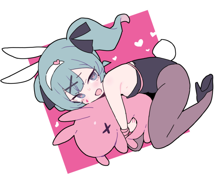 1girl :d animal_ears aqua_eyes aqua_hair bare_shoulders black_footwear black_leotard black_ribbon blade_(galaxist) breasts colored_inner_hair commentary curled_up fake_animal_ears from_side grey_pantyhose hair_ornament hair_ribbon hairband hatsune_miku heart heart-shaped_pupils heart_hair_ornament high_heels hugging_object leotard long_hair looking_at_viewer looking_to_the_side multicolored_hair open_mouth pantyhose pink_background pink_hair pink_pupils pink_ribbon playboy_bunny rabbit_ears rabbit_hole_(vocaloid) rabbit_tail ribbon shoes small_breasts smile solo square strapless strapless_leotard stuffed_animal stuffed_rabbit stuffed_toy sweatdrop symbol-only_commentary symbol-shaped_pupils tail teardrop_facial_mark twintails two-tone_background two-tone_hair white_background white_hairband x_hair_ornament