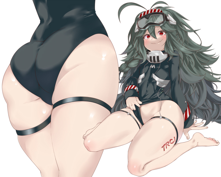 1girl @_@ antenna_hair ass azur_lane blush clothes_pull dark_green_hair diving_mask diving_mask_on_head from_behind goggles goggles_on_head long_hair looking_at_viewer multiple_views ringed_eyes shiny shiny_hair shiny_skin simple_background sin_pentagram sitting skindentation swimsuit_pull thick_thighs thigh_tattoo thighs torricelli_(azur_lane) wariza wetsuit white_background
