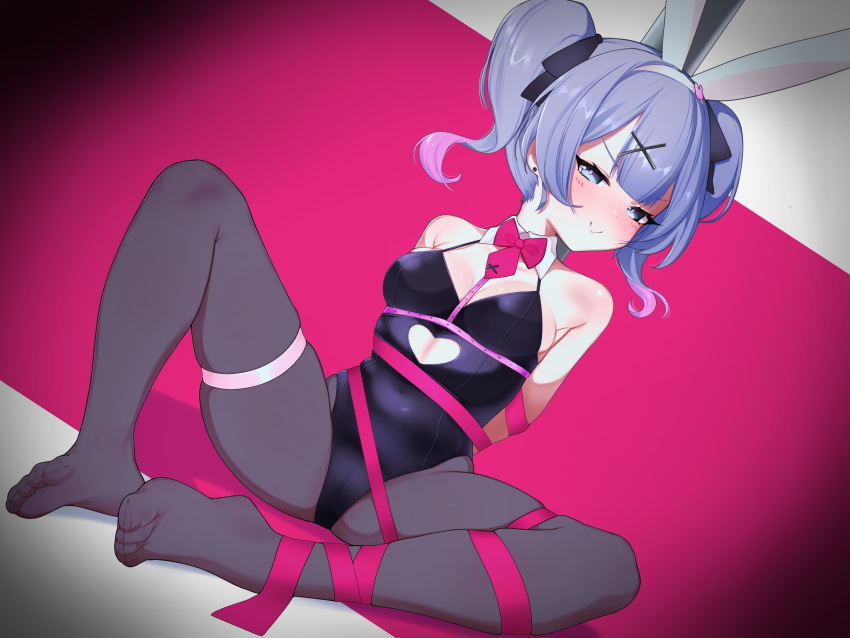 1girl absurdres animal_ears armpit_crease arms_behind_back bdsm black_thighhighs bondage bound bound_arms breasts cameltoe clothing_cutout feet goki_buri grey_eyes hair_ornament hatsune_miku highres looking_at_viewer necktie playboy_bunny pole purple_hair rabbit_ears rabbit_hole_(vocaloid) restrained short_hair short_twintails smile soles solo stripper_pole thigh_strap thighhighs thighs toes twintails vocaloid