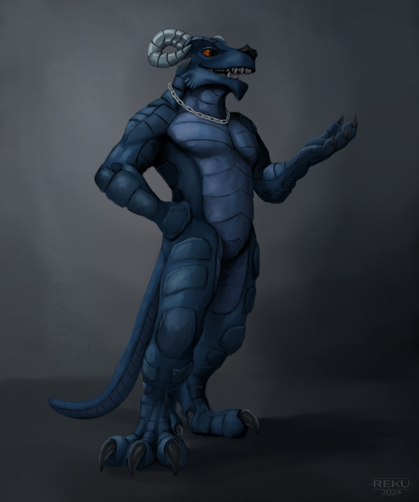 absurd_res anthro blue_body blue_scales hi_res horn kobold male multicolored_body muscular muscular_male mythological_creature mythological_scalie mythology nude open_mouth red_eyes reku_illustration reptile scales scalie simple_background standing tail teeth tools two_tone_body