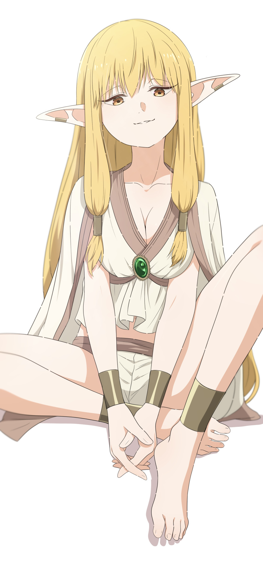 1girl absurdres anklet barefoot blonde_hair bracelet breasts camui1104 cleavage commentary elf full_body gem green_gemstone hair_tubes highres jewelry knee_up long_hair looking_at_viewer own_hands_together parted_lips pointy_ears serie_(sousou_no_frieren) sidelocks simple_background sitting solo sousou_no_frieren toes white_background yellow_eyes