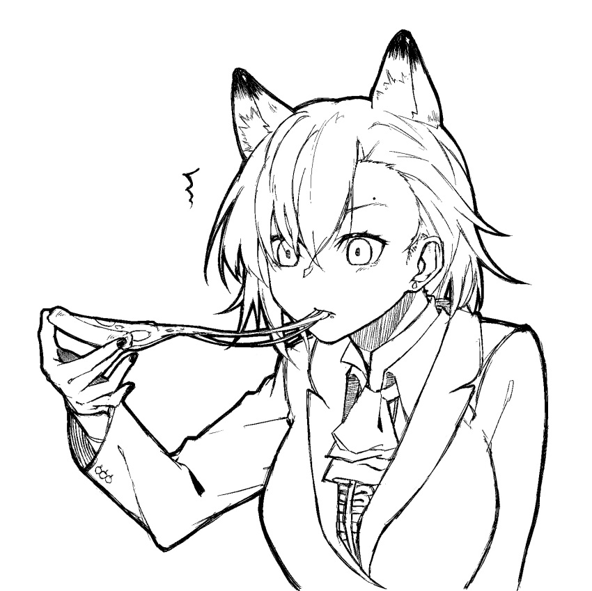 1girl ^^^ animal_ear_fluff animal_ears arknights ascot collared_shirt earrings fingernails food greyscale hair_behind_ear hair_between_eyes hand_up hatching_(texture) highres holding holding_food jacket jewelry linear_hatching long_sleeves looking_ahead mole mole_above_eye mole_on_forehead monochrome penance_(arknights) pizza pizza_slice shirt short_hair simple_background solo surprised tubuan_(tubuan03) upper_body white_background