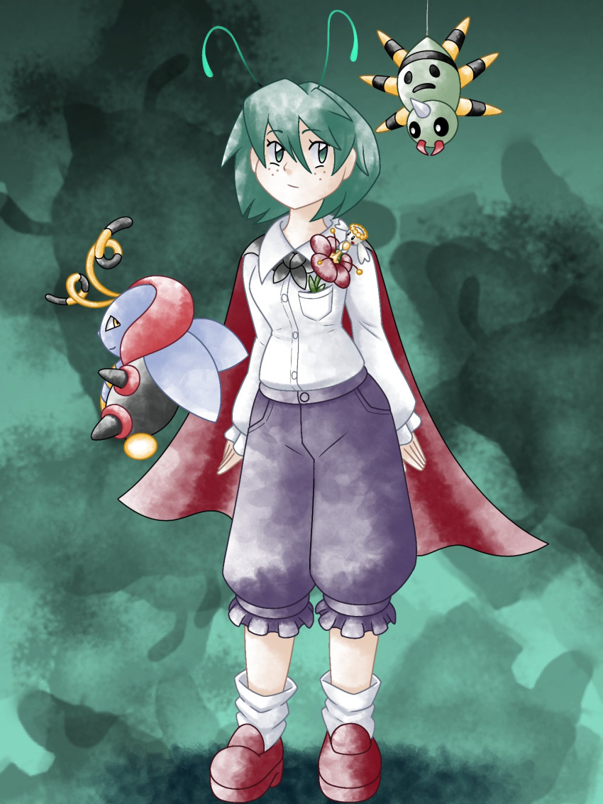 1girl antennae black_pants cape closed_mouth collared_shirt commentary english_commentary floette freckles full_body greatmothsucks green_background green_eyes highres pants pokemon pokemon_(creature) red_cape red_footwear shirt socks spinarak sugimori_ken_(style) touhou volbeat white_shirt white_socks wriggle_nightbug