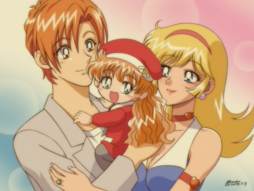 1990s_(style) 1boy 2girls aged_up armband baby bare_shoulders beret blonde_hair blue_eyes blush_stickers breasts brown_eyes carrying child child_carry choker cleavage collarbone couple cutie_honey cutie_honey_flash dated earrings eyelashes family gradient_background grey_jacket hairband hat hayami_seiji_(flash) hayami_seira heart heart_choker jacket jewelry kisaragi_honey long_hair looking_at_another medium_bangs medium_breasts miroku_(miroku_t) multiple_girls no_nose open_clothes open_jacket orange_hair parody parted_bangs red_choker red_hairband red_shirt retro_artstyle ring shirt short_hair sidelocks signature simple_background smile style_parody wavy_hair