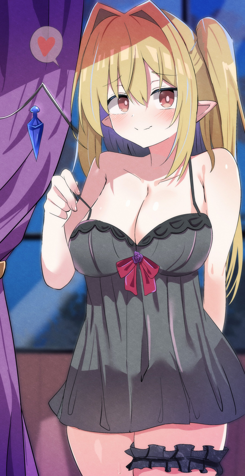 1girl absurdres bare_shoulders black_dress blonde_hair blush breasts cleavage crystal_wings daru_(kumakumadon) dress embarrassed flandre_scarlet heart highres looking_at_viewer pointy_ears shiny_skin smile solo speech_bubble spoken_heart strap_pull thighs touhou