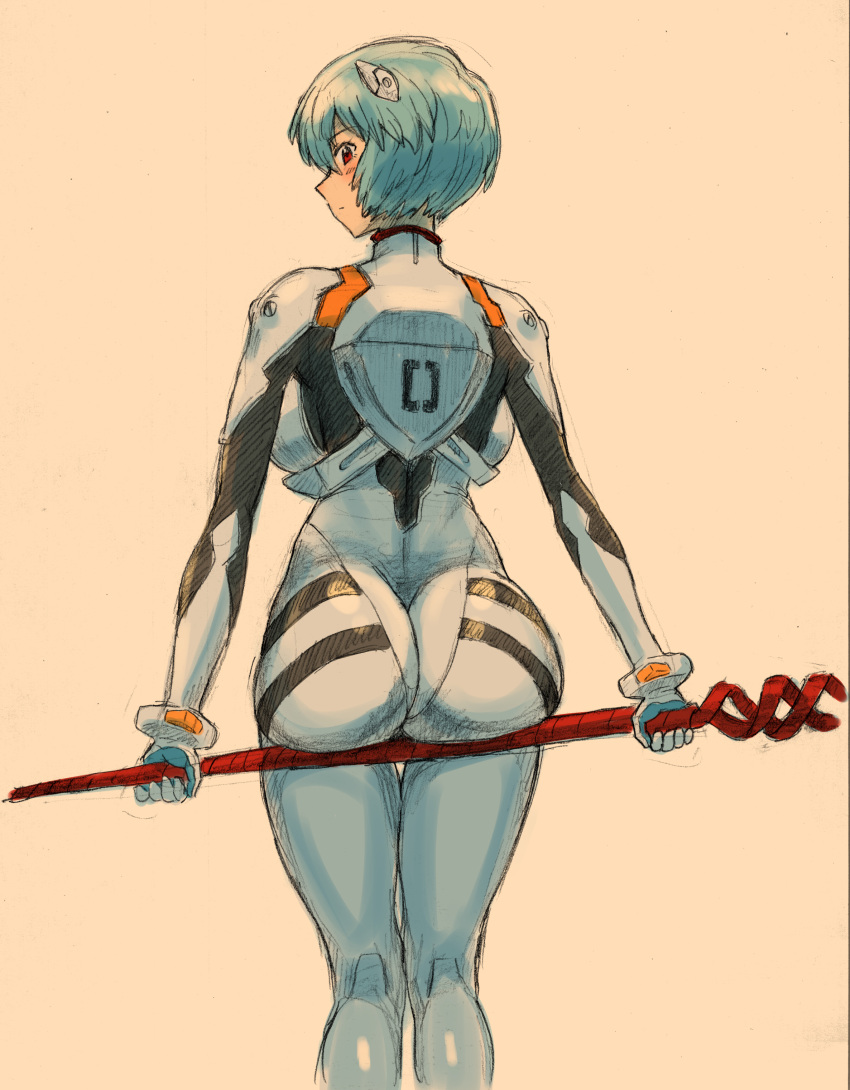 1girl absurdres ass_support ayanami_rei bident blue_hair blush bodysuit breasts gussuripii hairpods highres looking_at_viewer looking_back medium_breasts neon_genesis_evangelion pilot_suit plugsuit polearm red_eyes short_hair simple_background solo standing traditional_media weapon white_bodysuit