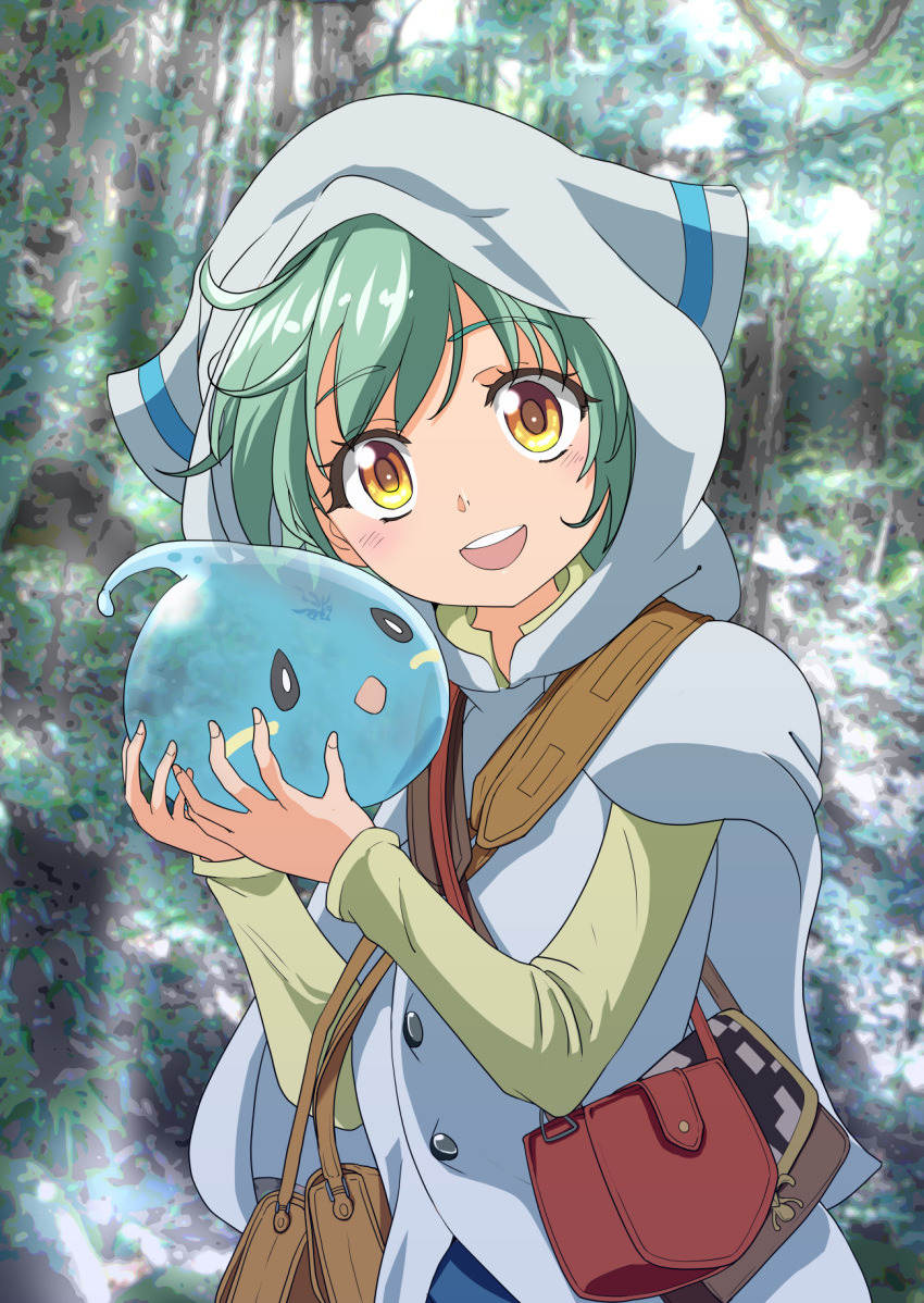 1girl bag coat creature diamond_mouth forest green_hair handbag highres holding holding_creature hood hooded_coat ivy_(saijaku_tamer) nature saijaku_tamer_wa_gomi_hiroi_no_tabi_wo_hajimemashita sakurai708 slime_(creature) sora_(saijaku_tamer) white_coat yellow_eyes