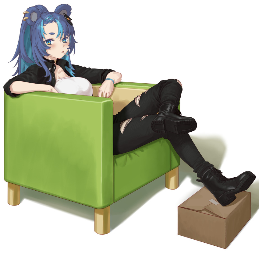 1girl agemmata animal_ears bear_ears bear_girl black_footwear black_pants black_shirt blue_eyes blue_hair blush box breasts cardboard_box couch crossed_legs footrest fujikura_uruka highres long_hair looking_at_viewer medium_breasts pants parted_lips phase_connect shirt simple_background sitting solo toothpick torn_clothes torn_pants unbuttoned unbuttoned_shirt virtual_youtuber wristband