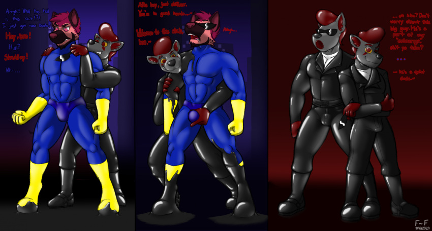 assimilation bound drone encasement eyewear furious~foxy generation_3_pokemon greaser hi_res hypnosis justin_(gp) latex mightyena mind_control nintendo pokemon pokemon_(species) sunglasses superhero transformation