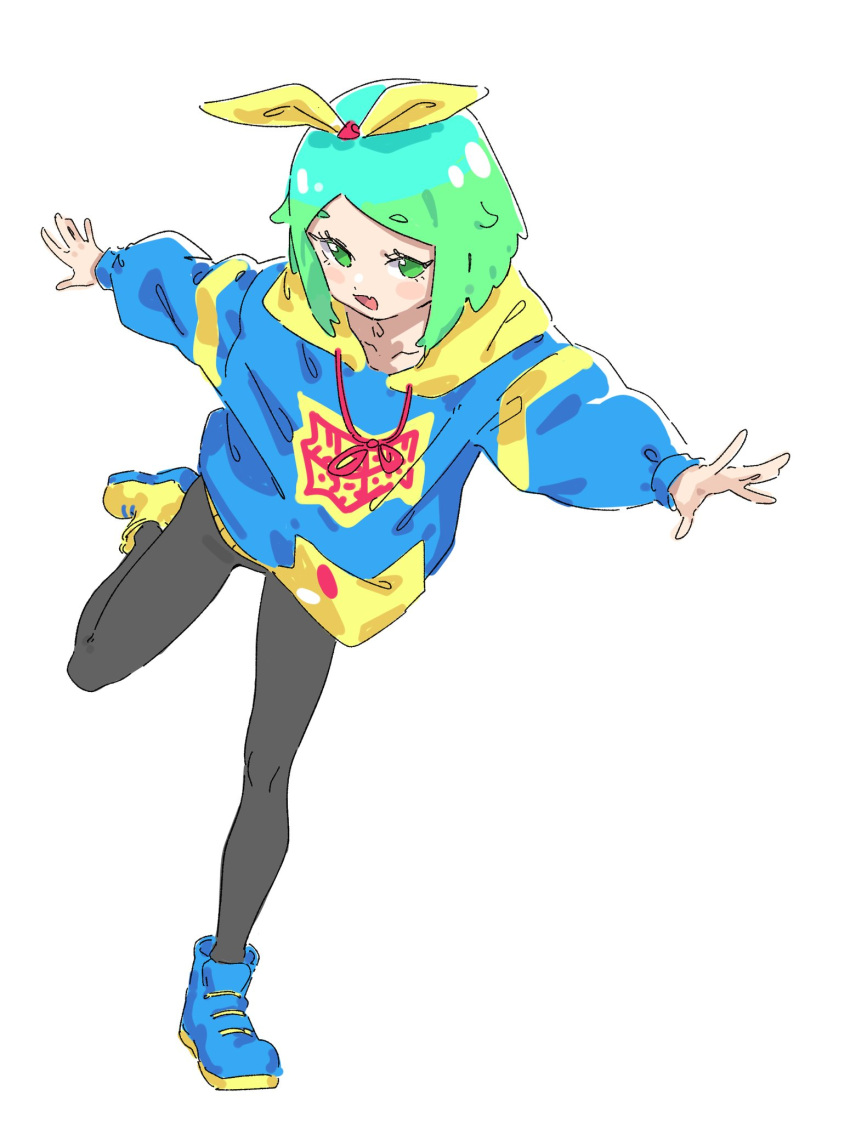 1girl :d black_pantyhose blue_footwear blue_hair blue_hoodie bow fugota6509 full_body green_eyes green_hair hair_bow highres hood hood_down hoodie idol_time_pripara long_sleeves looking_at_viewer multicolored_hair nijiiro_nino no_pants open_mouth outstretched_arms pantyhose pretty_series pripara red_ribbon ribbon shoes short_hair simple_background smile sneakers solo spread_arms standing standing_on_one_leg swept_bangs white_background yellow_bow