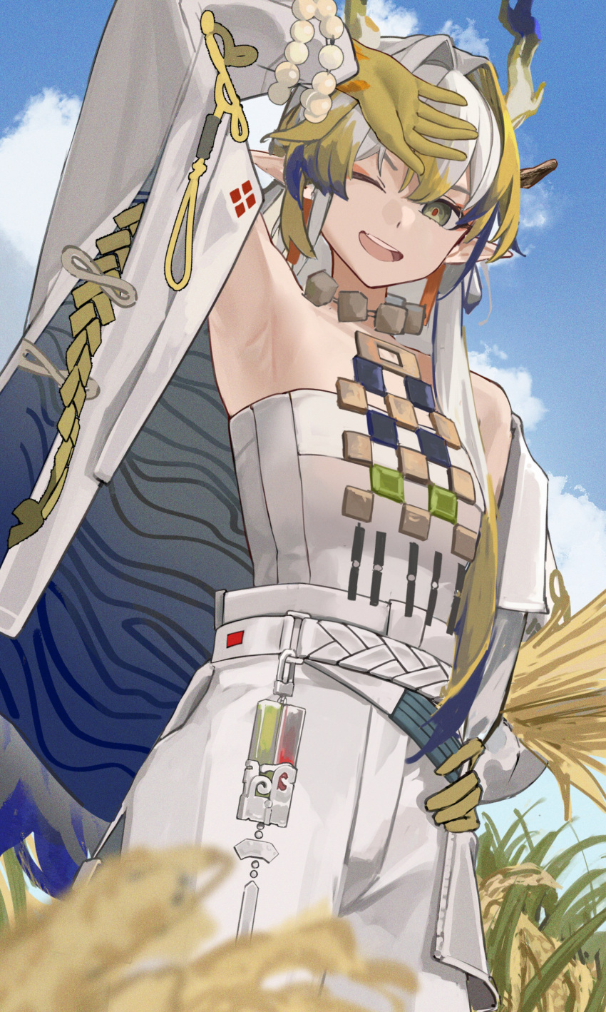 1girl ;d absurdres arknights arm_up armpits bare_shoulders blonde_hair blue_sky choker cloud commentary_request cowboy_shot day grey_eyes grey_hair hair_intakes head_tilt highres jewelry long_hair looking_at_viewer multicolored_hair necklace one_eye_closed open_mouth pants pomerui shu_(arknights) sky smile solo standing strapless streaked_hair tube_top very_long_hair white_pants