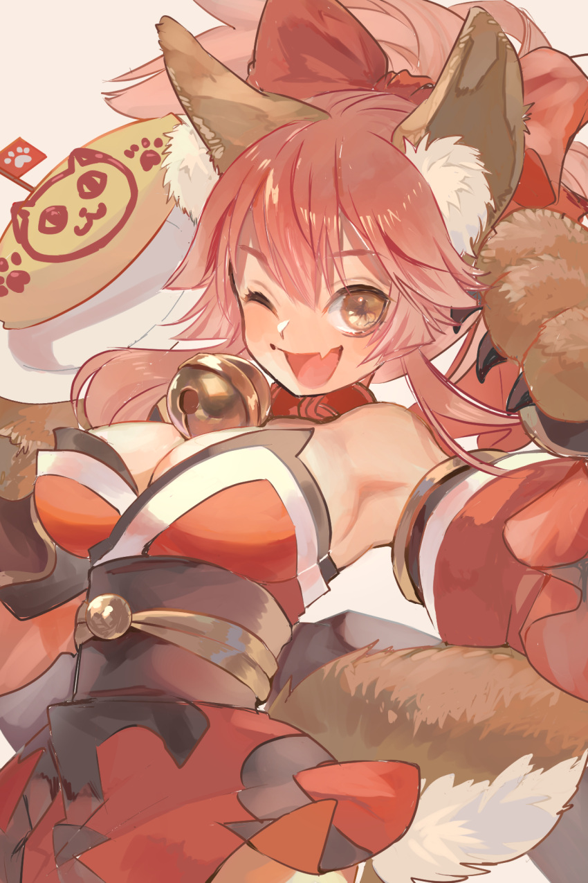 1girl ;d animal_collar animal_ear_fluff animal_ears animal_hands armpits bare_shoulders bell bow breasts brown_background cleavage collar cowboy_shot detached_sleeves fang fate/grand_order fate_(series) food fox_ears fox_girl fox_tail gloves hair_bow hands_up highres japanese_clothes jingle_bell kimono mimimikan neck_bell obi omelet omurice one_eye_closed open_mouth paw_gloves pink_hair plate red_bow red_collar red_kimono red_sleeves sash short_kimono simple_background skin_fang sleeveless sleeveless_kimono smile solo tail tamamo_(fate) tamamo_cat_(fate) tamamo_cat_(first_ascension)_(fate) yellow_eyes