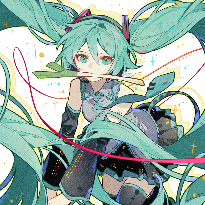 1girl aqua_eyes aqua_hair aqua_necktie bare_shoulders black_skirt black_sleeves black_thighhighs cable collared_shirt colored_shadow commentary cowboy_shot dated eyelashes floating_hair floating_neckwear food grey_shirt hair_ornament hashtag_only_commentary hatsune_miku highres holding holding_food lace-trimmed_collar lace-trimmed_shirt lace_trim leaning_forward long_hair long_sleeves looking_at_viewer miniskirt mouth_hold necktie number_tattoo pleated_skirt shadow shirt shoulder_tattoo skirt solo sparkle spring_onion tattoo thighhighs tie_clip twintails twitter_username very_long_hair vocaloid white_background z6