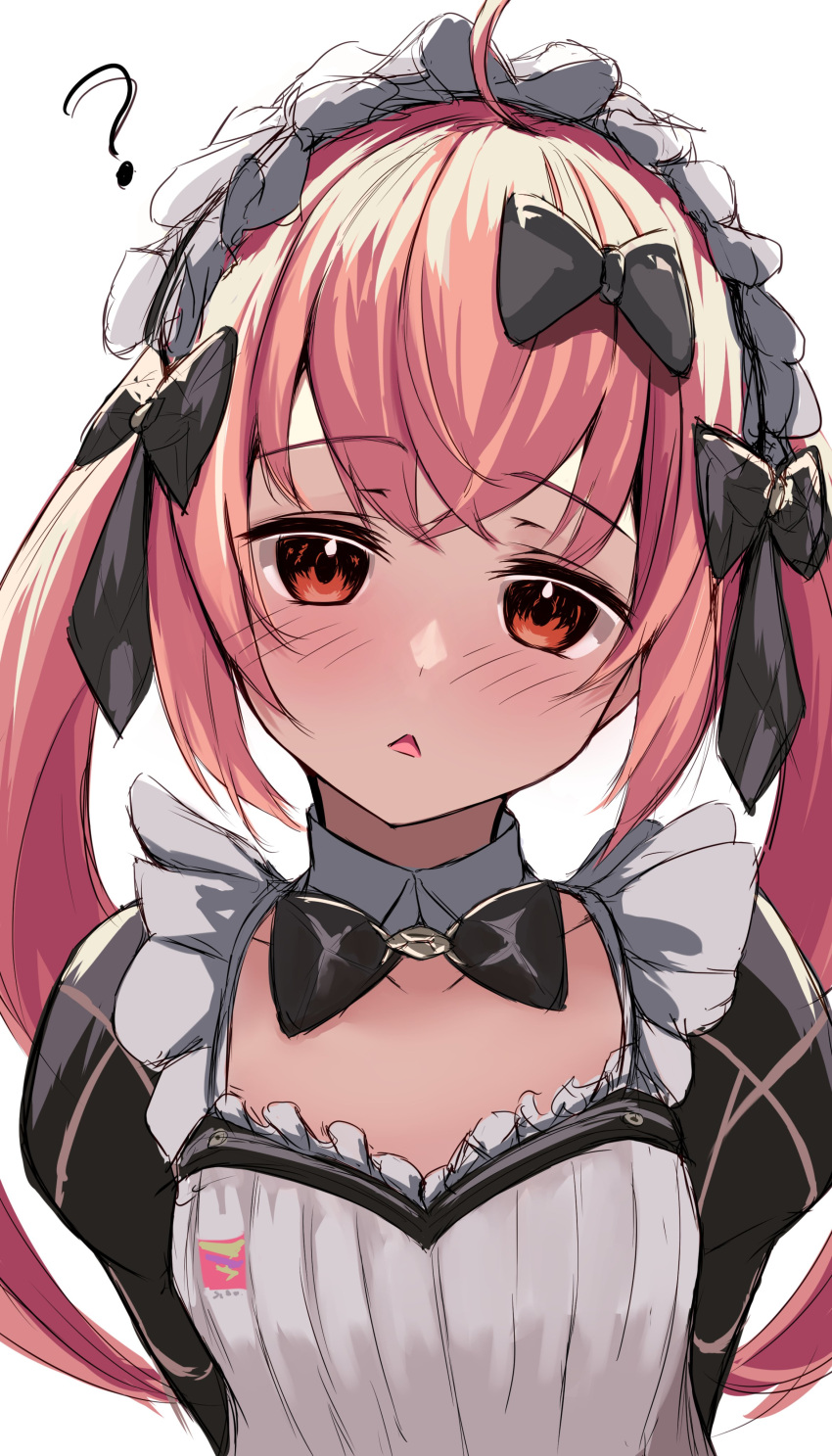 1girl ? absurdres ahoge black_bow black_bowtie black_sleeves bow bowtie cocoa_(nikke) collarbone detached_collar goddess_of_victory:_nikke hair_bow head_tilt highres kurono_suzuran long_hair looking_at_viewer maid maid_headdress pink_hair red_eyes simple_background sketch solo triangle_mouth twintails upper_body white_background wing_collar