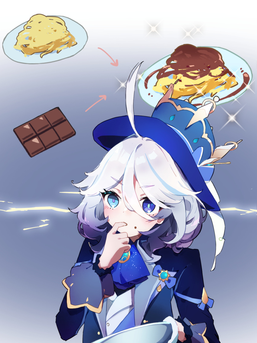 1girl ahoge ascot blue_ascot blue_eyes blue_hair blue_headwear blue_jacket candy chikuzen1996 chocolate chocolate_bar finger_in_own_mouth food food_on_face furina_(genshin_impact) genshin_impact gloves gold_trim gradient_background gradient_hair hair_between_eyes hand_up hat heterochromia highres holding holding_plate jacket jewelry kodona lolita_fashion medium_hair multicolored_hair open_clothes open_jacket pasta plate shirt simple_background single_glove sleeve_cuffs spaghetti sparks top_hat two-tone_background two-tone_hair v-shaped_eyebrows white_gloves white_hair white_shirt