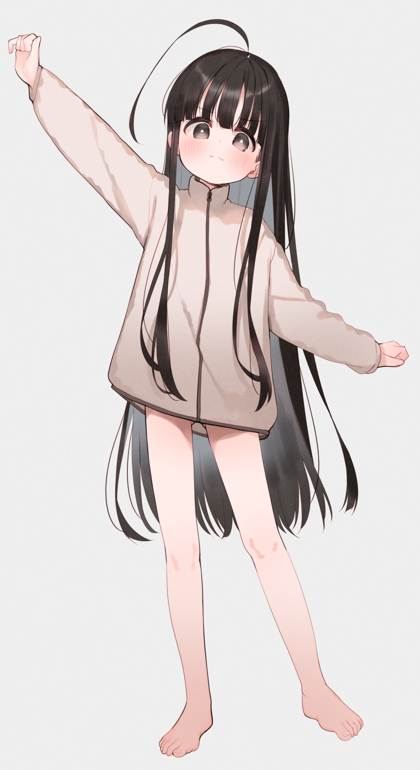 &gt;:( 1girl absurdres ahoge arm_up ass_visible_through_thighs bare_legs barefoot black_hair blush brown_eyes brown_jacket closed_mouth full_body grey_background highres jacket light_frown long_hair long_sleeves looking_at_viewer meito_(maze) original outstretched_arms puffy_long_sleeves puffy_sleeves simple_background solo standing v-shaped_eyebrows very_long_hair