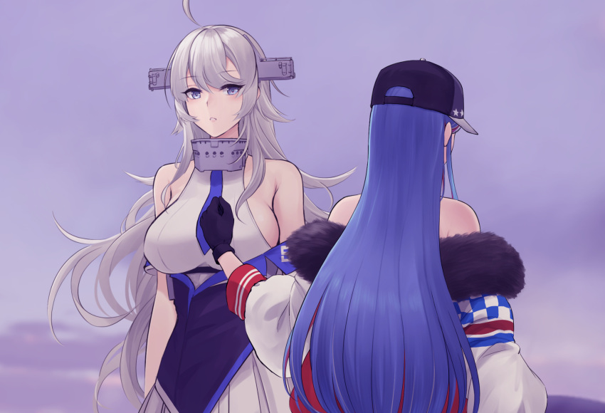 2girls bare_shoulders baseball_cap black_gloves blue_hair blue_necktie breasts clenched_hand commentary_request fur-trimmed_jacket fur_trim gloves grey_hair hair_between_eyes hand_on_another's_chest hat headgear highres jacket kantai_collection large_breasts long_hair multicolored_hair multiple_girls necktie odachu off_shoulder official_alternate_costume parted_lips pleated_skirt red_hair shirt skirt sleeveless sleeveless_shirt south_dakota_(kancolle) very_long_hair washington_(kancolle) white_hair white_skirt