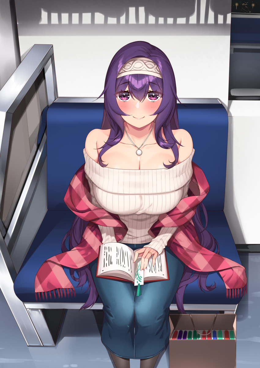 1girl absurdres book breasts cosplay eyebrows_visible_through_hair hairband hie_(hiememiko) hiememiko highres holding holding_book idolmaster idolmaster_cinderella_girls large_breasts looking_at_viewer off-shoulder_sweater off_shoulder original purple_eyes purple_hair ribbed_sweater sagisawa_fumika sagisawa_fumika_(cosplay) seat smile solo sweater train_interior