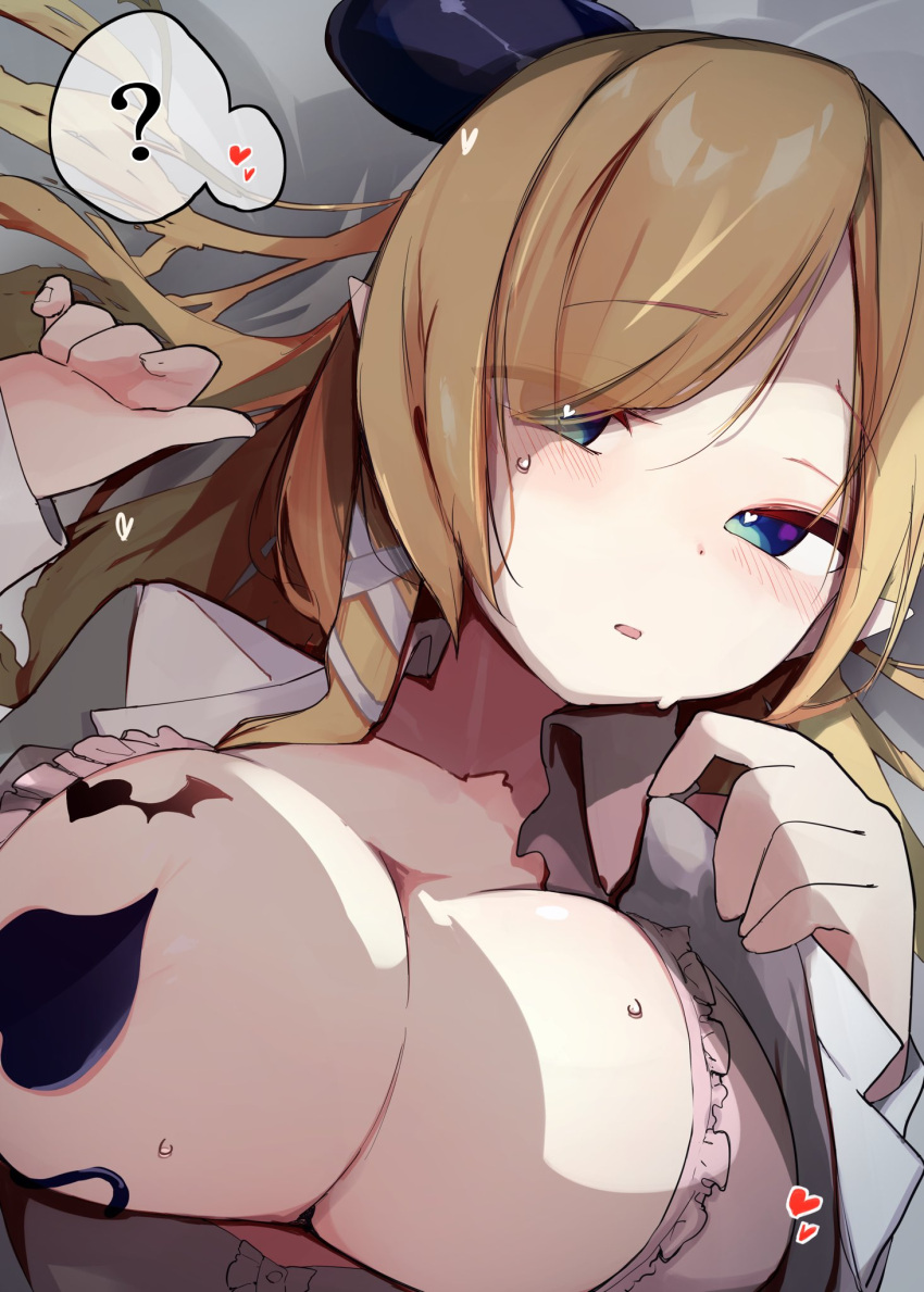 1girl ? blonde_hair blue_eyes breasts burusuka_(burusuka2525) covering_nipples covering_privates demon_girl demon_horns demon_tail eyes_visible_through_hair frilled_shirt frills hair_over_one_eye heart heart-shaped_pupils highres hololive horns lab_coat large_breasts long_hair pink_shirt shirt spoken_heart sweat symbol-shaped_pupils tail yuzuki_choco yuzuki_choco_(1st_costume)