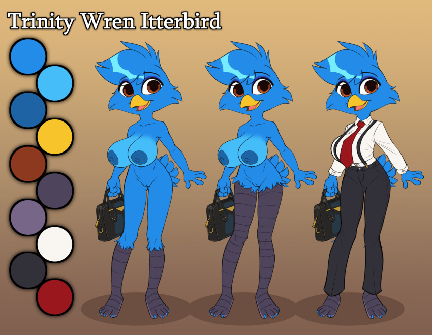 2023 anthro avian_feet beak big_breasts blue_body breasts clothing color_swatch colored feathers female genitals hi_res model_sheet necktie nude office_clothing pose pussy simple_background siroc smile solo suit suitcase tail tail_feathers trinity_wren_itterbird