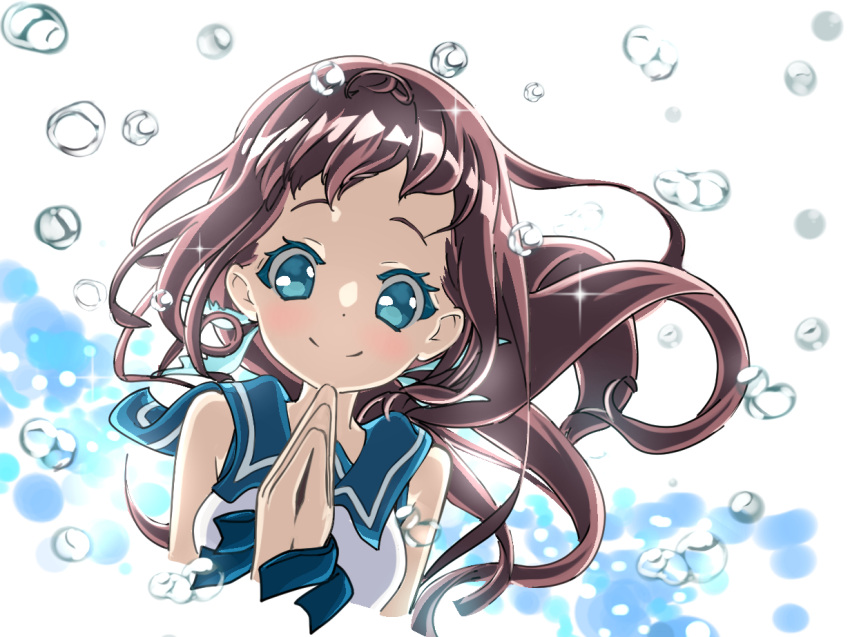 1girl brown_hair dress feathers long_hair mukaido_manaka nagi_no_asukara nami_junior_high_school_uniform sailor_dress school_uniform white_feathers yoyoyo.