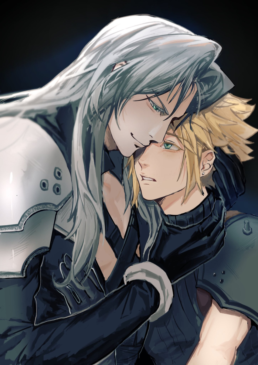 2boys armor black_background black_coat black_gloves black_sweater blonde_hair blue_eyes chest_strap clenched_teeth cloud_strife coat commentary_request earrings evil_smile final_fantasy final_fantasy_vii gloves green_eyes grey_hair hand_in_another's_hair hand_on_another's_chest hand_on_another's_neck high_collar highres jeff_000000 jewelry long_hair long_sleeves looking_down looking_up male_focus multiple_boys open_clothes open_coat parted_lips pauldrons sephiroth short_hair shoulder_armor sleeveless sleeveless_sweater sleeveless_turtleneck smile smirk spiked_hair strangling stud_earrings sweater teeth turtleneck upper_body yaoi