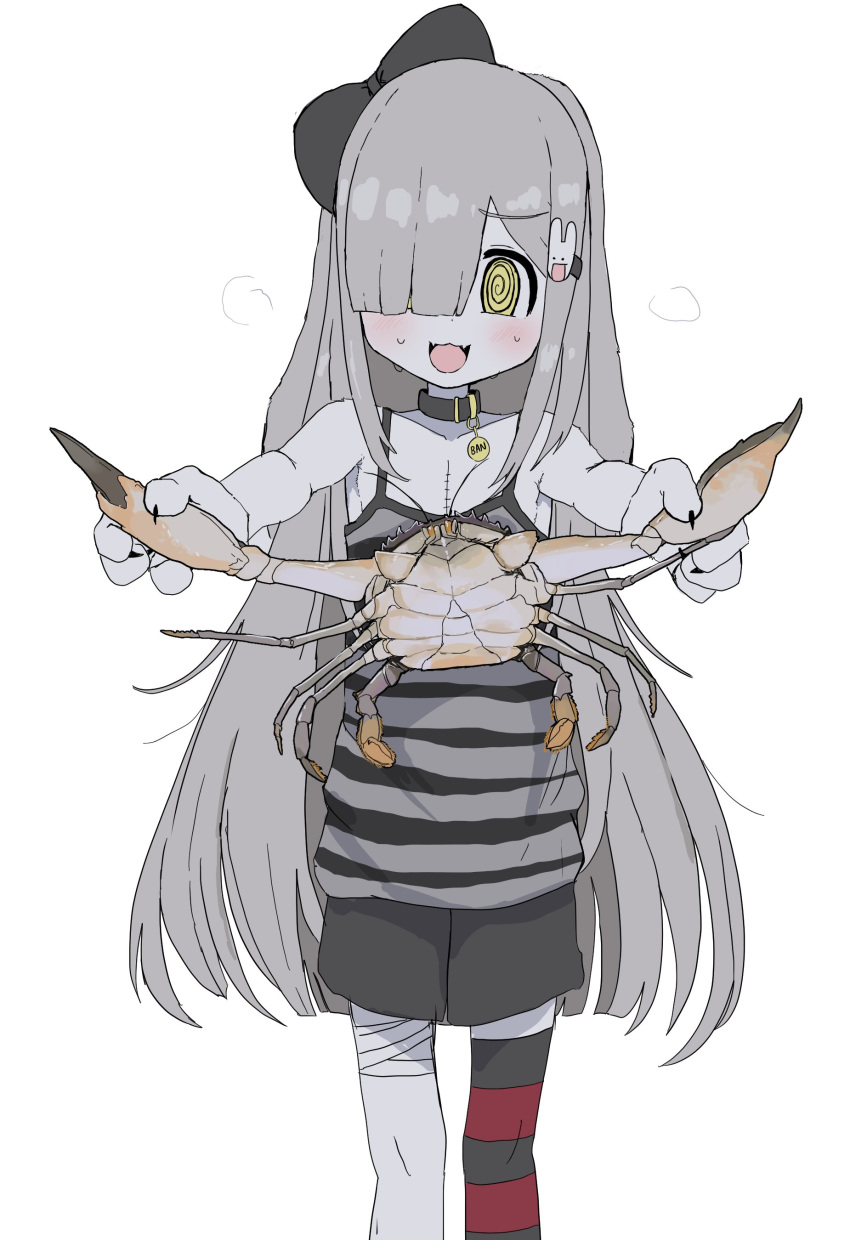 1girl :3 @_@ absurdres animal animal_collar animal_hands bandaged_leg bandages black_bow black_shorts blunt_bangs blush body_fur bow camisole claws collar crab fangs feet_out_of_frame flat_chest furrowed_brow furry furry_female grey_hair hair_bow hair_ornament hair_over_one_eye hairclip highres holding holding_animal looking_at_viewer one_eye_covered open_mouth original scar scar_on_chest shorts simple_background single_thighhigh skin_fangs solo standing stitches striped_camisole striped_clothes striped_thighhighs thighhighs vreparty white_background white_fur yellow_eyes