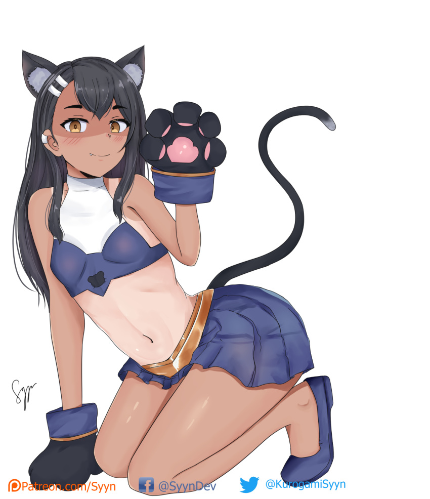 alternate_species animal_humanoid black_body black_fur black_hair blush bottomwear breasts brown_body brown_skin clothed clothing cute_fangs felid felid_humanoid feline feline_humanoid female fur hair hayase_nagatoro hi_res humanoid ijiranaide_nagatoro-san inner_ear_fluff kneeling kurogamisyyn mammal mammal_humanoid navel paw_pose pose skirt small_breasts smile solo tuft white_body white_fur yellow_eyes