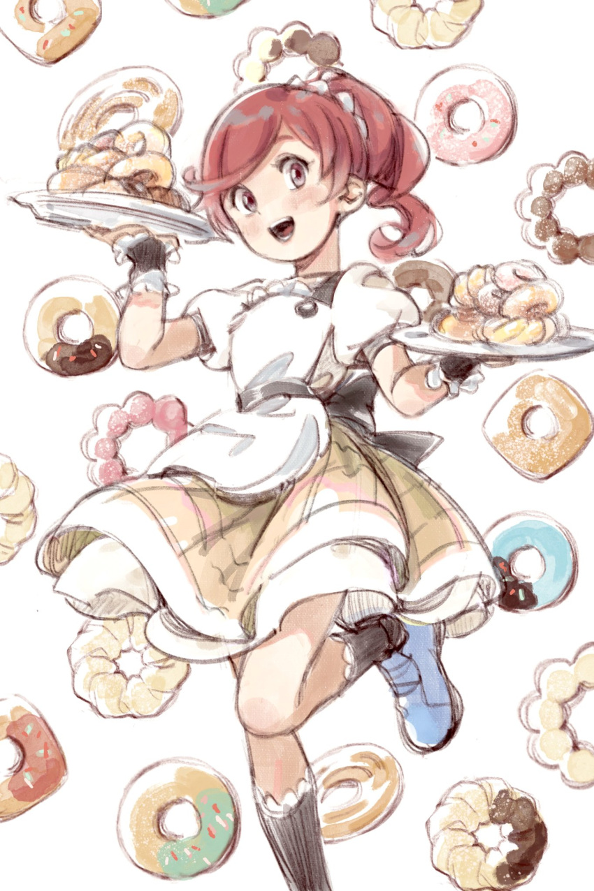 1girl apron black_socks blue_footwear blush brown_dress doughnut dress food food-themed_background foot_out_of_frame highres holding holding_tray idolmaster idolmaster_cinderella_girls imay3927 kneehighs looking_at_viewer medium_hair open_mouth pile ponytail puffy_short_sleeves puffy_sleeves red_hair ringlets shiina_noriko shoes short_sleeves smile socks solo standing standing_on_one_leg swept_bangs tray waitress white_apron white_background wrist_cuffs