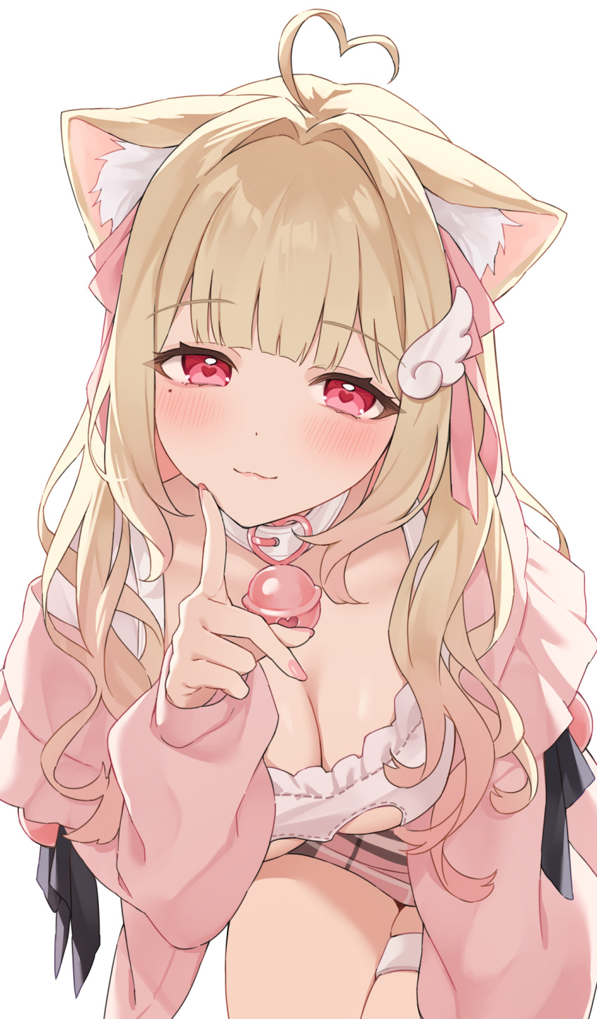 1girl :3 ahoge all_fours animal_ear_fluff animal_ears bell blonde_hair blunt_bangs breasts cat_ears cat_girl cleavage cleavage_cutout clothing_cutout collar commentary commission finger_to_own_chin fingernails hair_intakes hand_up heart heart-shaped_pupils heart_ahoge heart_cutout highres jacket kemomimi_refle! light_blush long_hair looking_at_viewer medium_breasts miniskirt mole mole_under_eye neck_bell nekoma_karin pink_jacket pink_nails pink_skirt plaid plaid_skirt red_eyes shirt simple_background skeb_commission skirt smile solo symbol-only_commentary symbol-shaped_pupils teti thigh_strap virtual_youtuber wavy_hair white_background white_collar white_shirt wing_hair_ornament