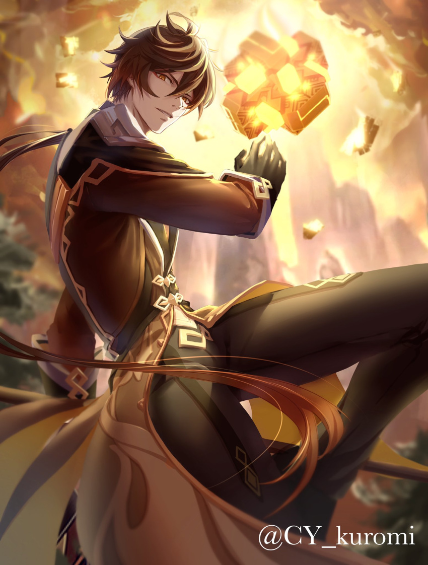 1boy bangs black_gloves blurry blurry_background brown_hair cloud cloudy_sky collared_shirt cykuromi english_commentary eyeliner eyeshadow formal genshin_impact gloves gradient_hair hair_between_eyes highres holding holding_spear holding_weapon jacket long_hair long_sleeves looking_at_viewer makeup male_focus meteor mountain multicolored_hair necktie open_mouth orange_hair outdoors polearm ponytail red_eyeshadow revision shirt sky solo spear suit symbol_commentary twitter_username weapon yellow_eyes zhongli_(genshin_impact)