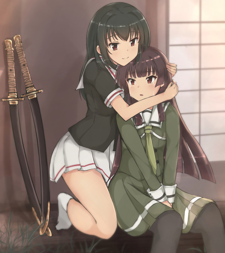 2girls absurdres black_hair black_pantyhose black_shirt brown_eyes brown_hair closed_mouth crying crying_with_eyes_open dress green_dress green_neckerchief heijou_institute_school_uniform highres hug hug_from_behind juujou_hiyori juujou_kagari katana kneeling long_hair long_sleeves looking_at_another mother_and_daughter multiple_girls neckerchief open_mouth pantyhose pleated_skirt school_uniform serafuku shirt short_sleeves sidelocks sitting skirt socks sword tears toji_no_miko upper_body weapon white_skirt white_socks yuzf