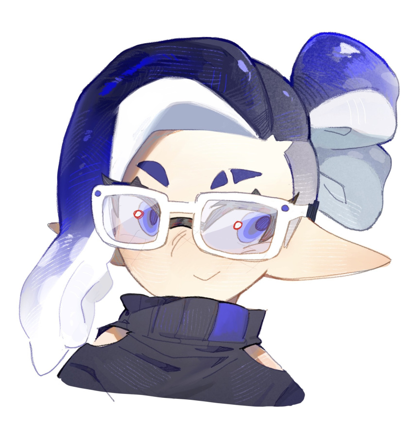 1boy blue_eyes blue_hair closed_mouth commentary commission eyebrow_cut eyelashes glasses highres inkling inkling_boy inkling_player_character long_pointy_ears male_focus medium_hair pointy_ears redbeanpie0 simple_background smile solo splatoon_(series) tentacle_hair thick_eyebrows upper_body white-framed_eyewear white_background