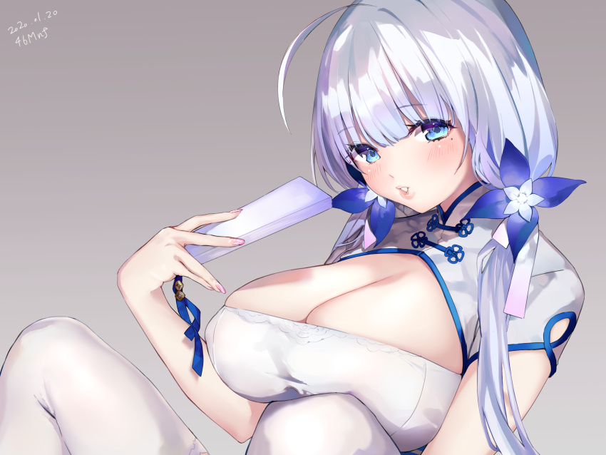 1girl 2020 absurdres azur_lane blue_eyes breasts bursting_breasts china_dress chinese_clothes cleavage dress eyebrows_visible_through_hair fan folding_fan grey_background highres holding holding_fan illustrious_(azur_lane) illustrious_(maiden_lily's_radiance)_(azur_lane) large_breasts long_hair looking_at_viewer mole mole_under_eye official_alternate_costume shiromonefu simple_background solo white_dress white_hair white_legwear