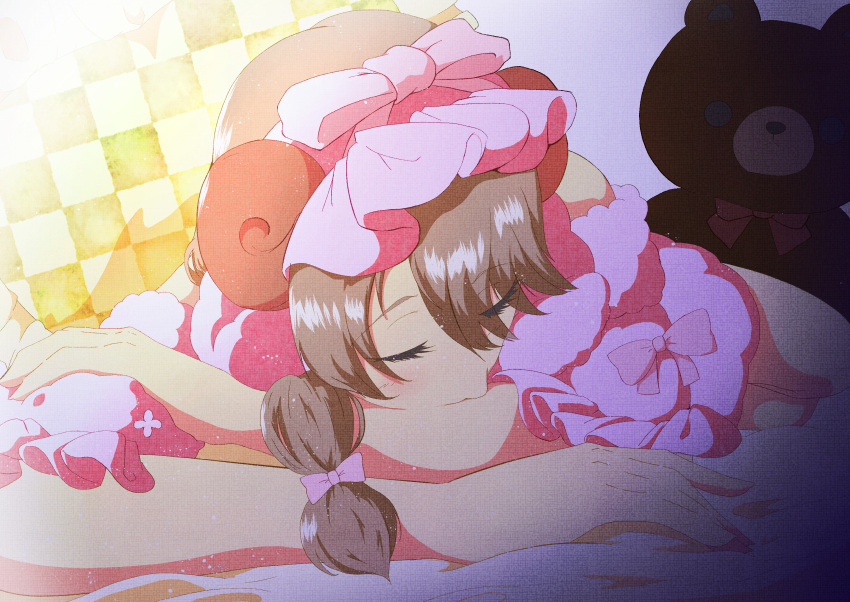 1girl absurdres bow brown_hair canvas_texture closed_eyes commentary detached_sleeves english_commentary fujishima_megumi hair_bow head_on_arm headband highres horns link!_like!_love_live! long_hair love_live! lying on_side pink_bow rakinegimagi sheep_horns sleeping solo stuffed_animal stuffed_toy swept_bangs teddy_bear