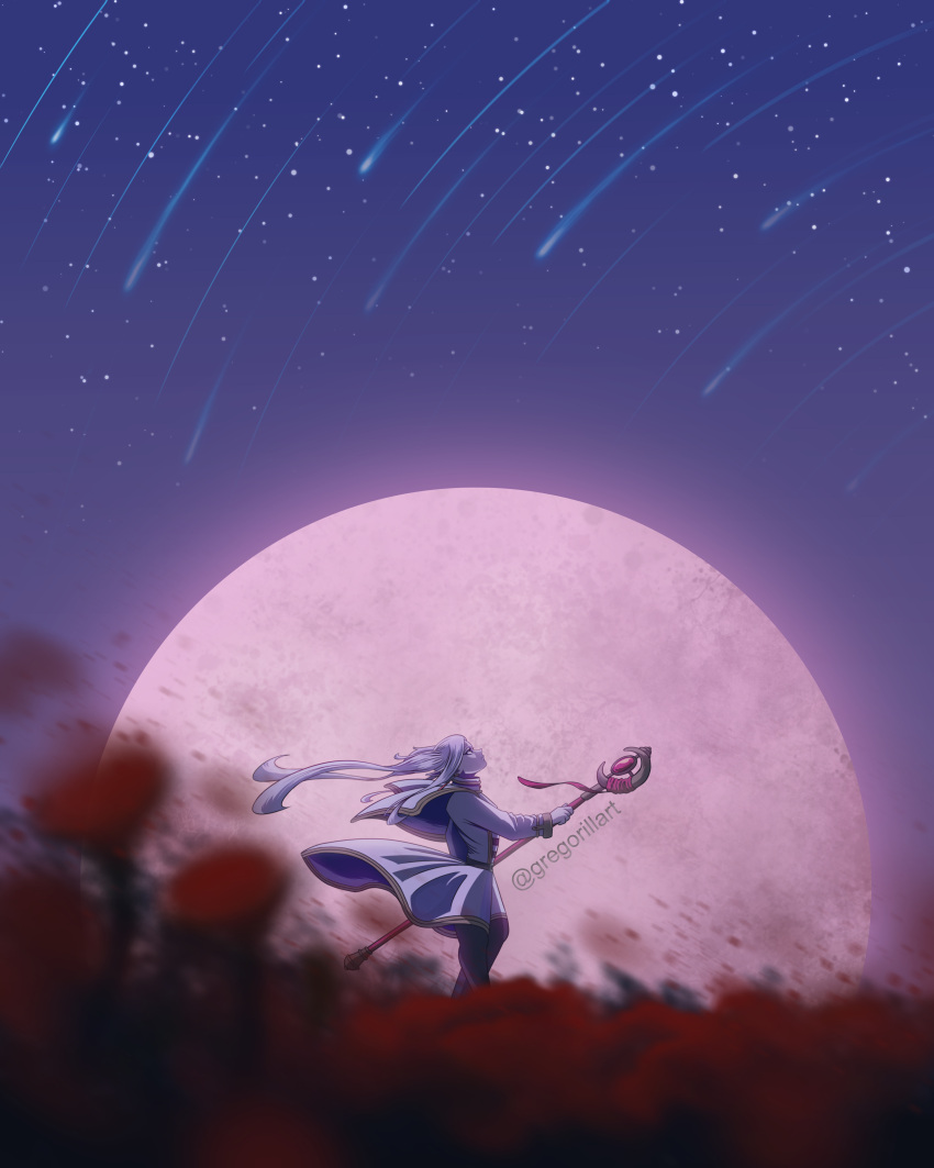 1girl absurdres blurry dress flower frieren full_moon gregorillart highres holding holding_staff holding_weapon long_hair moon night night_sky petals ribbon shooting_star sky solo sousou_no_frieren staff star_(sky) starry_sky twintails twitter_username weapon white_dress white_hair