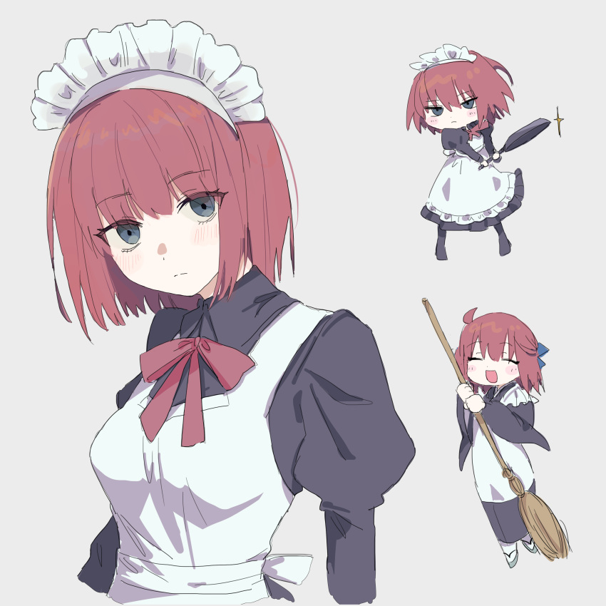 2girls absurdres apron blush bow bowtie broom closed_eyes closed_mouth dress frying_pan grey_background grey_dress grey_eyes highres hisui_(tsukihime) holding holding_broom juliet_sleeves kaigan0211 kohaku_(tsukihime) long_sleeves looking_at_viewer maid maid_apron maid_headdress multiple_girls multiple_views puffy_sleeves red_bow red_bowtie red_hair short_hair simple_background tsukihime upper_body wa_maid