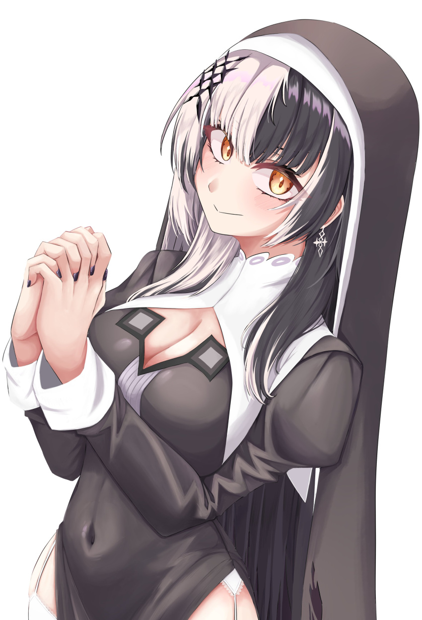 1girl absurdres black_hair black_nails blush breasts cleavage covered_navel dress garter_straps grey_hair habit hair_ornament highres hololive hololive_english large_breasts long_hair looking_at_viewer mmneko multicolored_hair nun own_hands_together praying shiori_novella smile solo split-color_hair two-tone_hair virtual_youtuber yellow_eyes