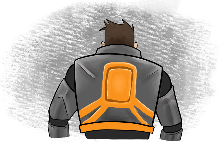 brown_hair clothed clothing digital_media_(artwork) gordon_freeman hair half-length_portrait half-life hev_suit hi_res human human_only male mammal not_furry portrait rear_view solo sparkaed standing tan_body tan_skin valve