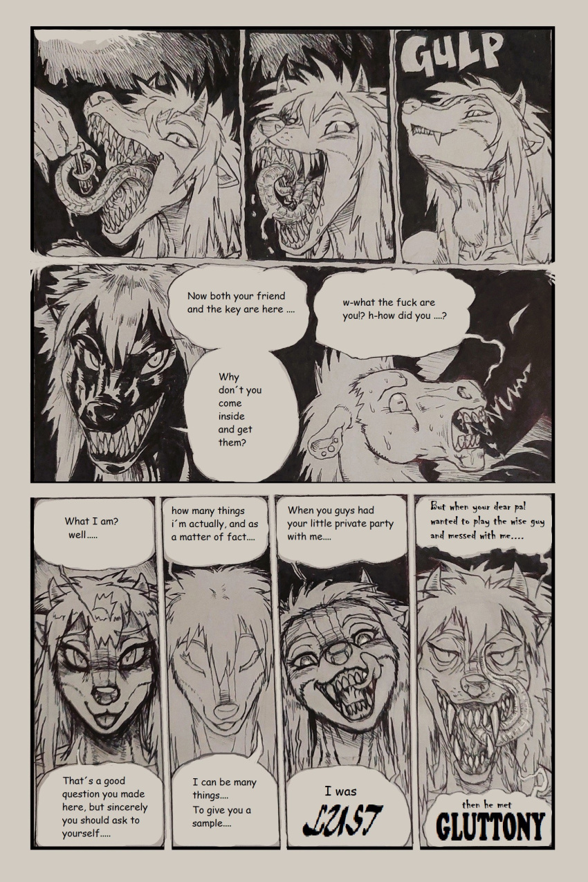 anthro comic demon dialogue english_text equid equine eyebrows eyes_closed fangs female hair hi_res horizontal_pupils horn horse key male mammal mariano mephitid monochrome open_mouth open_smile pupils skunk slit_pupils smile solo sonya_(keyblademark) speech_bubble teeth text tongue tongue_out traditional_media_(artwork)