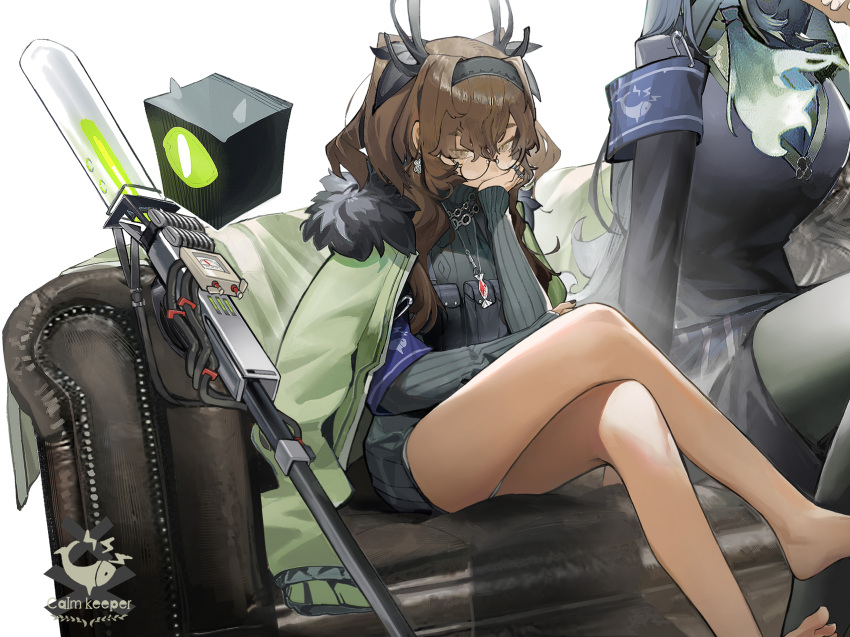 2girls antlers armband artist_logo bare_legs barefoot black_hairband black_sweater breasts brown_eyes brown_hair closed_eyes coat coat_on_shoulders couch crossed_legs cube fish fur_trim glasses green_jacket hairband hand_on_own_chin head_out_of_frame head_rest highres horns jacket jacket_on_shoulders jewelry large_breasts legs light_bulb logo long_hair long_sleeves looking_at_viewer multiple_girls necklace noco_(pixiv14976070) original panties pantyhose pantyshot pendant ribbed_sweater round_eyewear sidelocks simple_background sitting sweater toes underwear weapon white_background