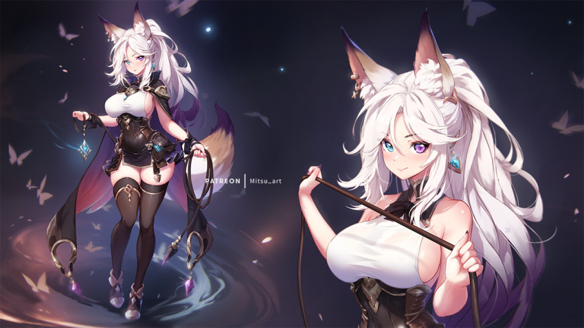 1girl animal_ear_fluff animal_ears blue_eyes breasts cape dress english_commentary fox_ears fox_girl fox_tail full_body heterochromia large_breasts long_hair looking_at_viewer mitsu_(mitsu_art) original ponytail purple_eyes shoes sideboob sideless_outfit smile solo standing tail thighhighs thighs white_hair yna'ri_(mitsu_art)