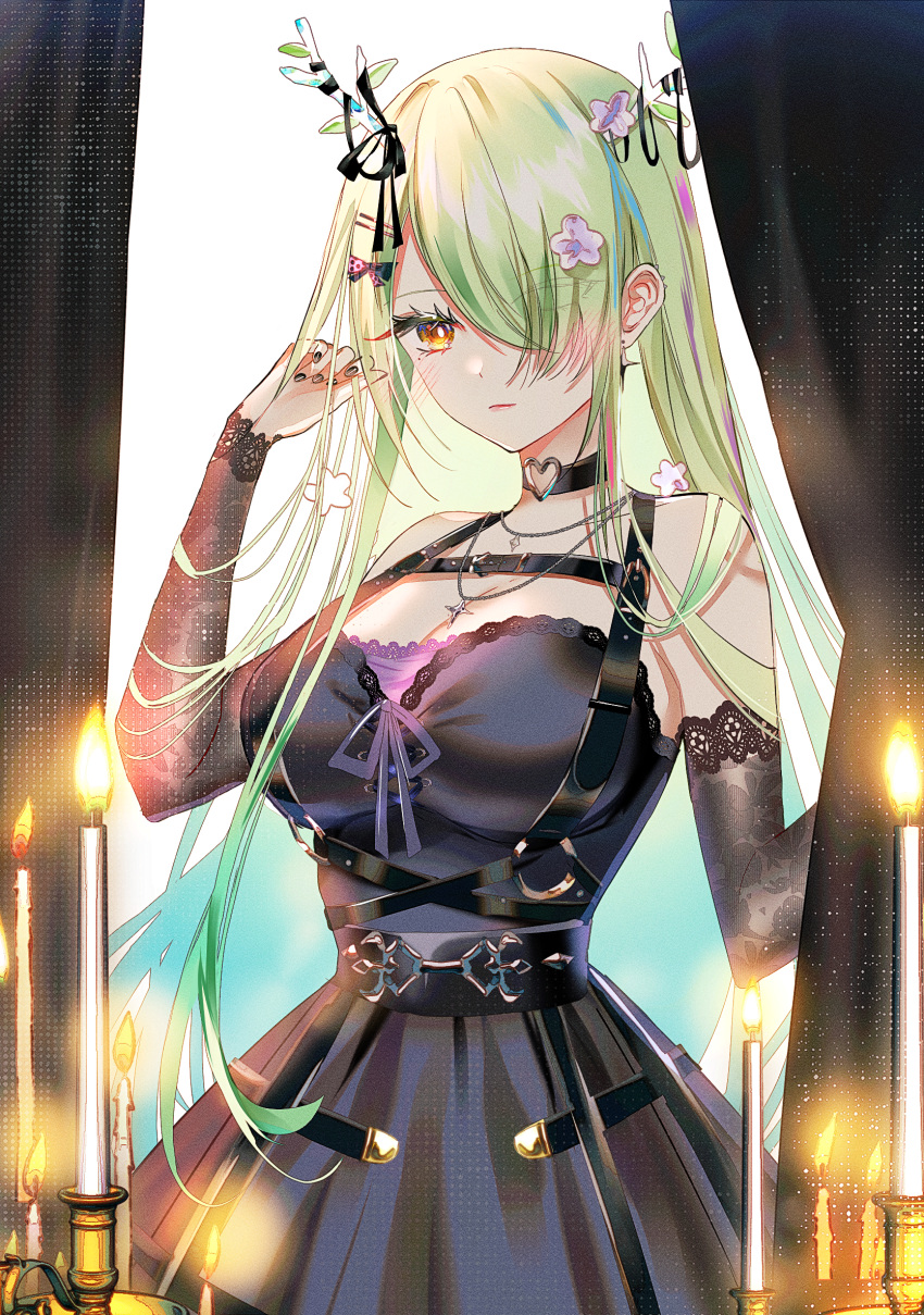 1girl antler_ornament antler_ribbon antlers black_choker breasts candle ceres_fauna ceres_fauna_(4th_costume) choker detached_sleeves flower goth_fashion green_hair hair_flower hair_ornament hair_over_one_eye harness heart heart_choker heart_o-ring heart_ring_choker highres hololive hololive_english horns jewelry large_breasts looking_at_viewer necklace o-ring o-ring_harness official_alternate_costume official_alternate_hairstyle purple_undershirt solo sowon virtual_youtuber yellow_eyes
