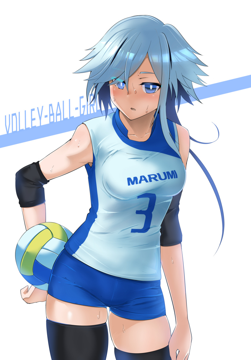 1girl ball blue_eyes blue_shorts bright_pupils character_name commentary_request cowboy_shot elbow_pads english_text grey_hair highres holding holding_ball long_hair marumi_(shiro_maru) open_mouth original parted_lips shiro_maru shirt short_shorts shorts simple_background skindentation sleeveless sleeveless_shirt solo sportswear standing sweat thighhighs volleyball volleyball_uniform white_background white_pupils white_shirt