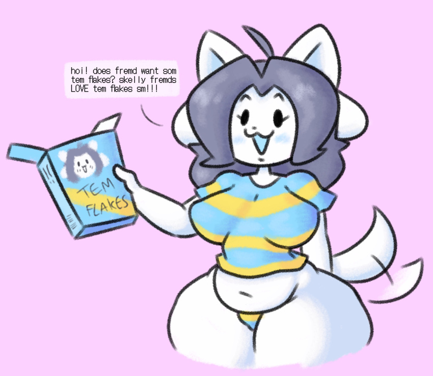 absurd_res anthro breasts canid canine clothed clothing felid feline female hair hi_res mammal potbelly simple_background sleepyslut tem temmie_(undertale) text thick_thighs topwear undertale video_games white_body wide_hips