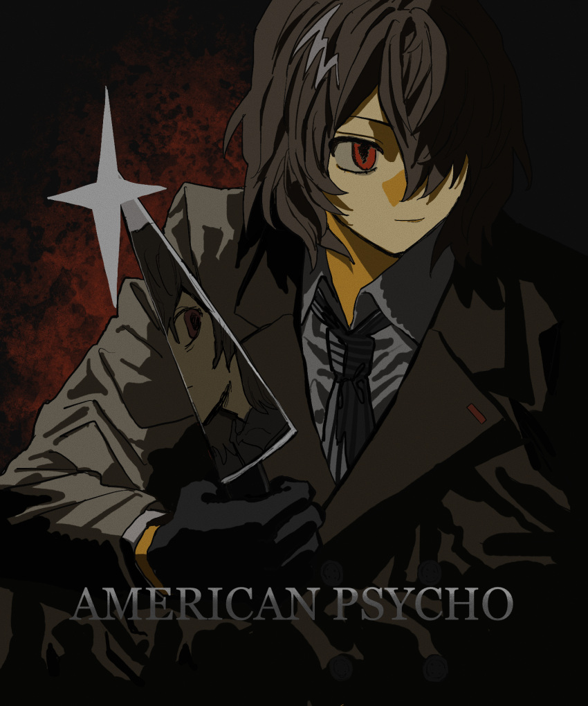 1boy akechi_gorou american_psycho black_gloves brown_coat brown_hair closed_mouth coat collared_shirt copyright_name expressionless glint gloves hair_over_one_eye highres holding holding_knife holding_weapon knife long_sleeves male_focus movie_poster necktie parody persona persona_5 red_eyes reflection shirt short_hair simple_background solo striped_necktie tami_tome_mo upper_body weapon white_necktie white_shirt wing_collar