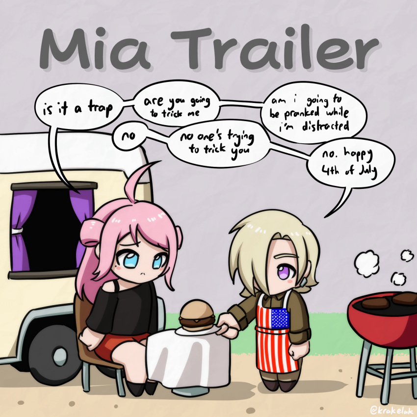 2girls :&lt; ahoge american_flag american_flag_print apron black_shirt blonde_hair blush_stickers brown_shirt burger chibi chibi_only ear_piercing english_text flag_print food frown grey_background grill hair_over_one_eye highres holding holding_plate krakelak long_hair long_sleeves looking_at_another looking_at_food love_live! love_live!_nijigasaki_high_school_idol_club mia_taylor mole multiple_girls no_mouth on_chair one_eye_covered piercing plate pun purple_eyes red_skirt shirt short_hair single-shoulder_shirt sitting skirt smoke speech_bubble table text_focus trailer twitter_username zhong_lanzhu