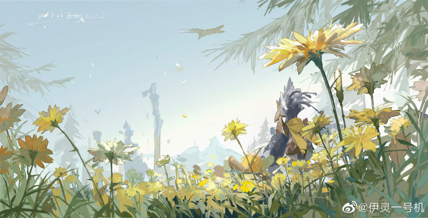 1boy armor beak bird_boy blue_sky breastplate chinese_commentary commentary_request dated day field flower flower_field from_behind furry furry_male gradient_sky highres male_focus mountainous_horizon outdoors rito rock scarf signature sky solo teba_(zelda) the_legend_of_zelda the_legend_of_zelda:_breath_of_the_wild tower tree upper_body watermark weibo_logo weibo_username yellow_flower yellow_scarf yi_ling_yi_hao_ji